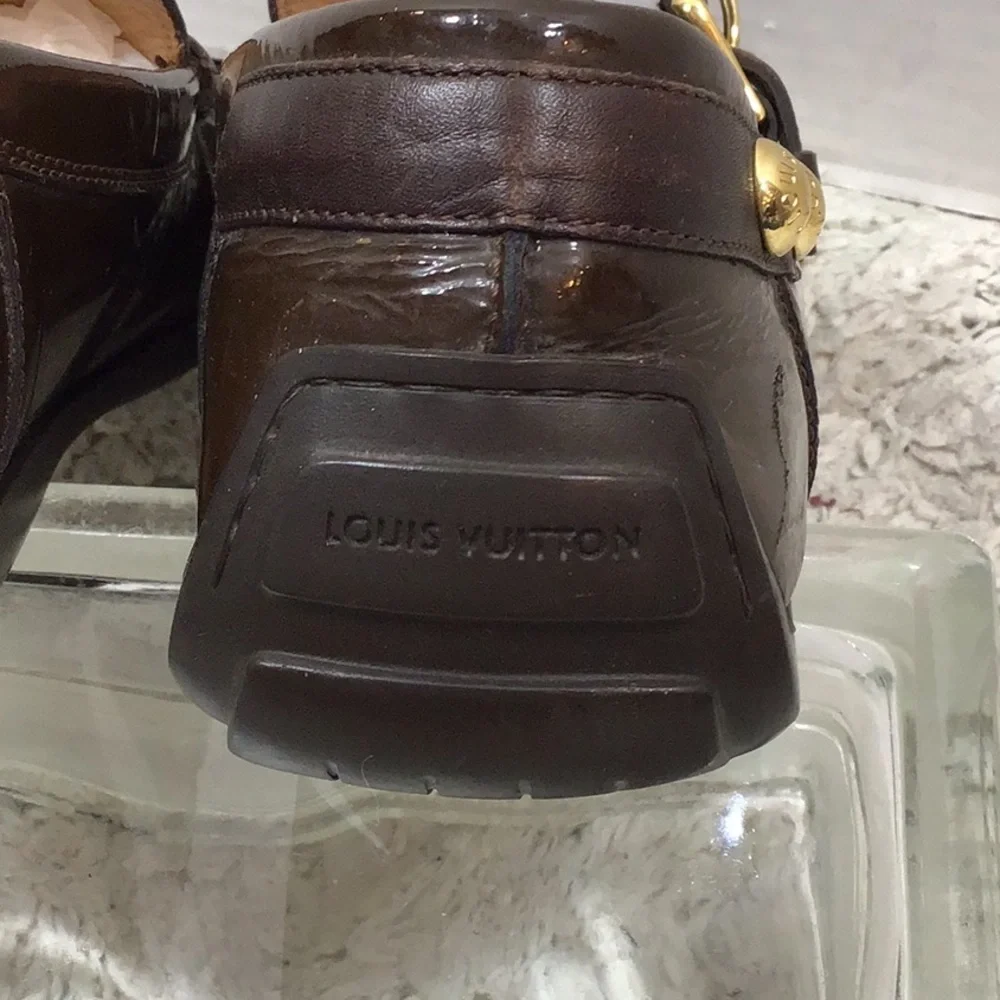 Louis Vuitton Dark Brown patent leather moccasin Loafers with Gold Buckles 37